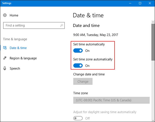 windows date and time settings