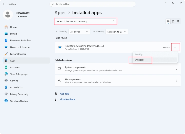 click uninstall on Windows